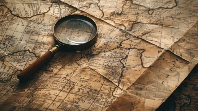 Magnifying glass on old map showing intricate details and places, suggesting exploration or historical research